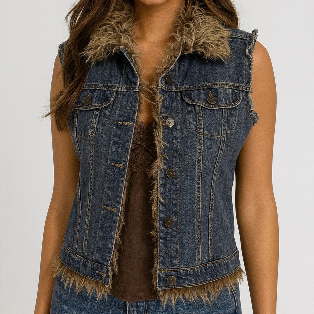 Vintage 90s y2k No Boundaries vest womens large L denim faux fur jean rave party